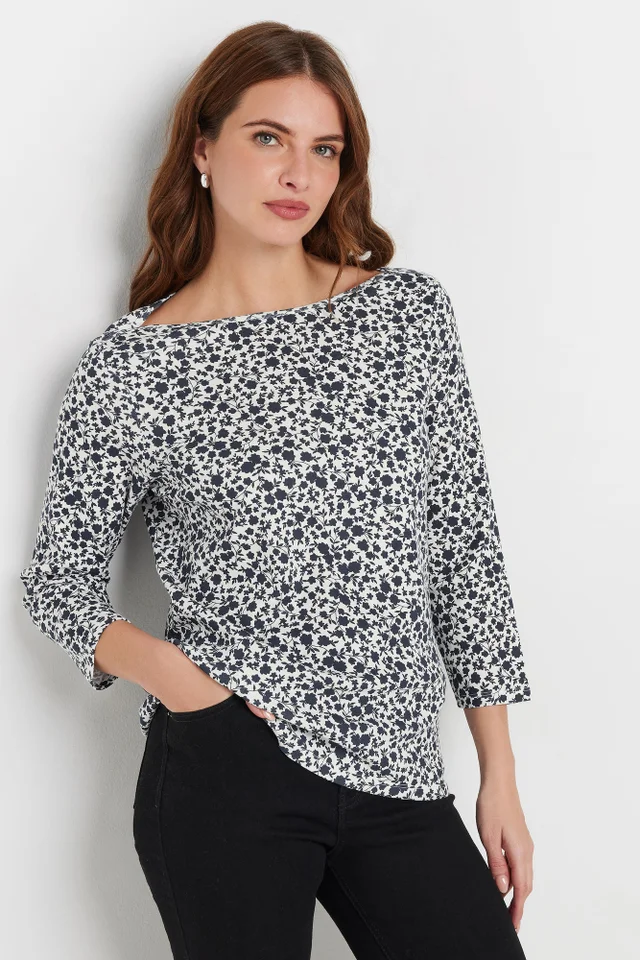 M&Co Navy Blue & White Cotton Ditsy Floral Top