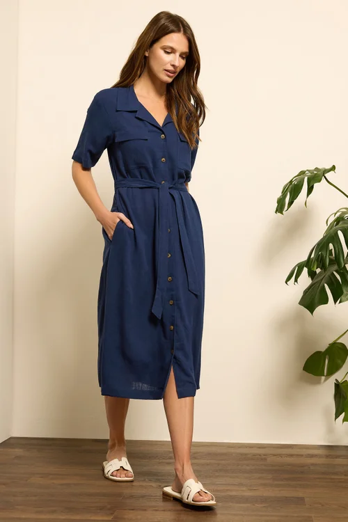 M&Co Navy Blue Linen Shirt Dress - 10 Image 4