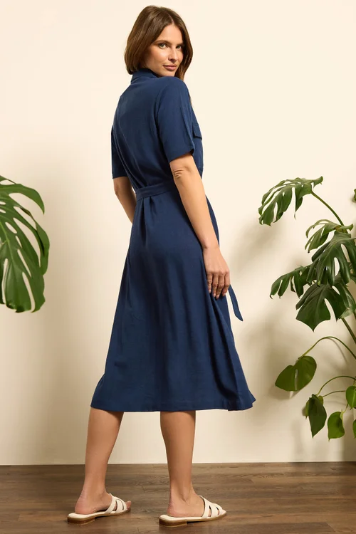 M&Co Navy Blue Linen Shirt Dress - 10 Image 3