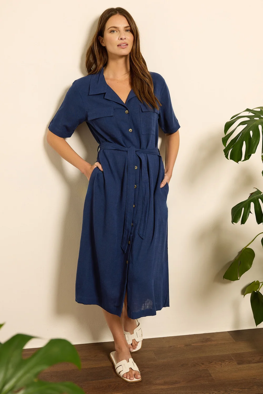 M&Co Navy Blue Linen Shirt Dress - 10 Image 2