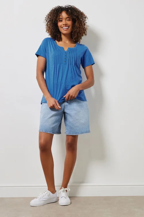 M&Co Cobalt Blue Cotton Short Sleeve Henley Top - Size 10 Image 2