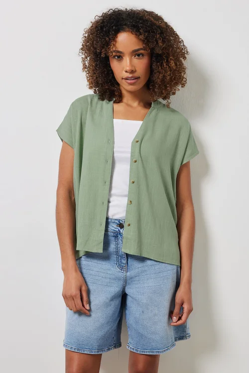 M&Co Sage Green Button Through Linen Blouse - Size 18 Image 4