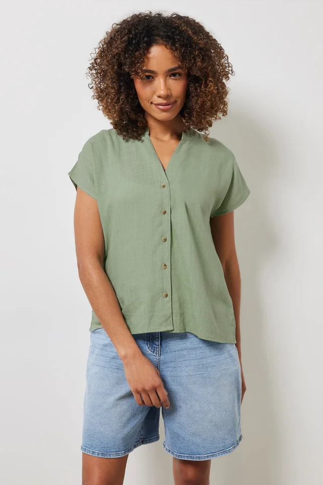 M&Co Sage Green Button Through Linen Blouse