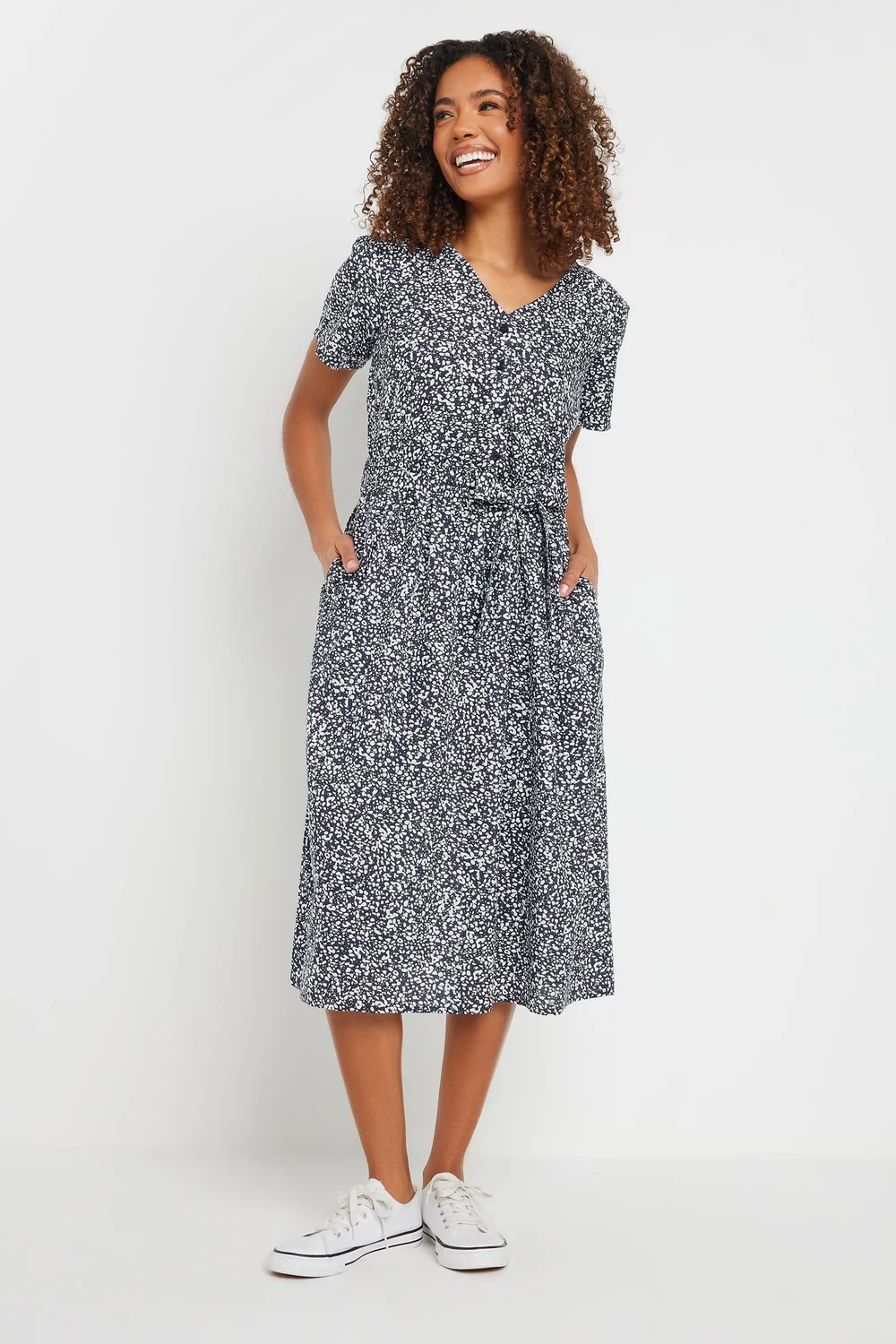 M&Co Navy Blue Spot Print Belted Midi Dress - 10 Image 2