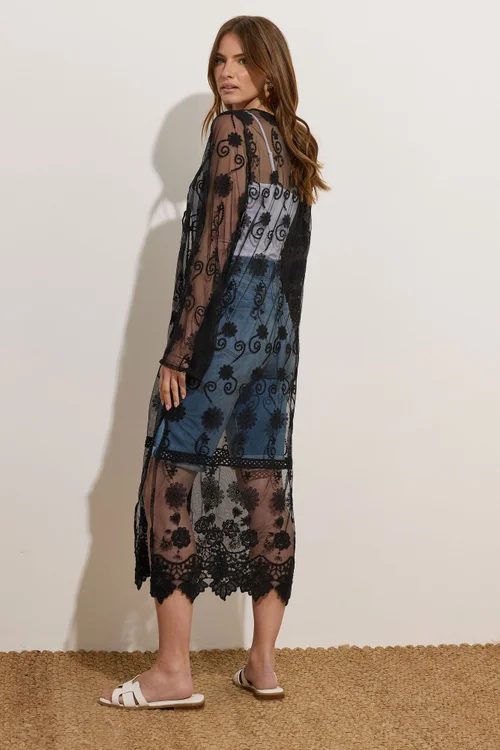 M&Co Black Mesh Embroidered Tie Front Kimono - Size 16 Image 4