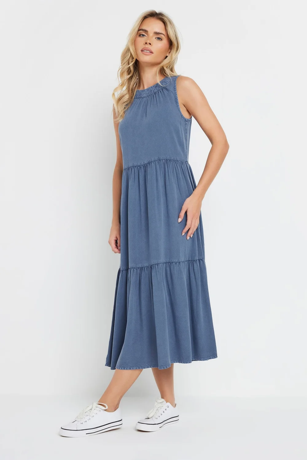 M&Co Petite Blue Acid Wash Tiered Dress - 8 Image 1