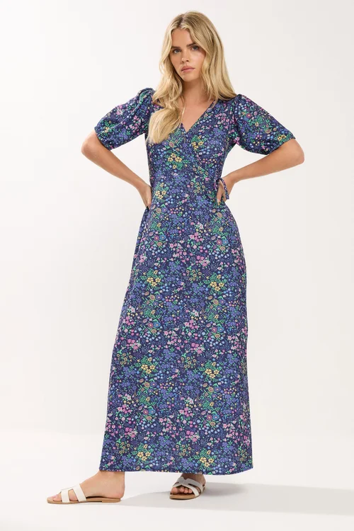 M&Co Petite Navy Blue Ditsy Floral Wrap Maxi Dress - 16 Image 1