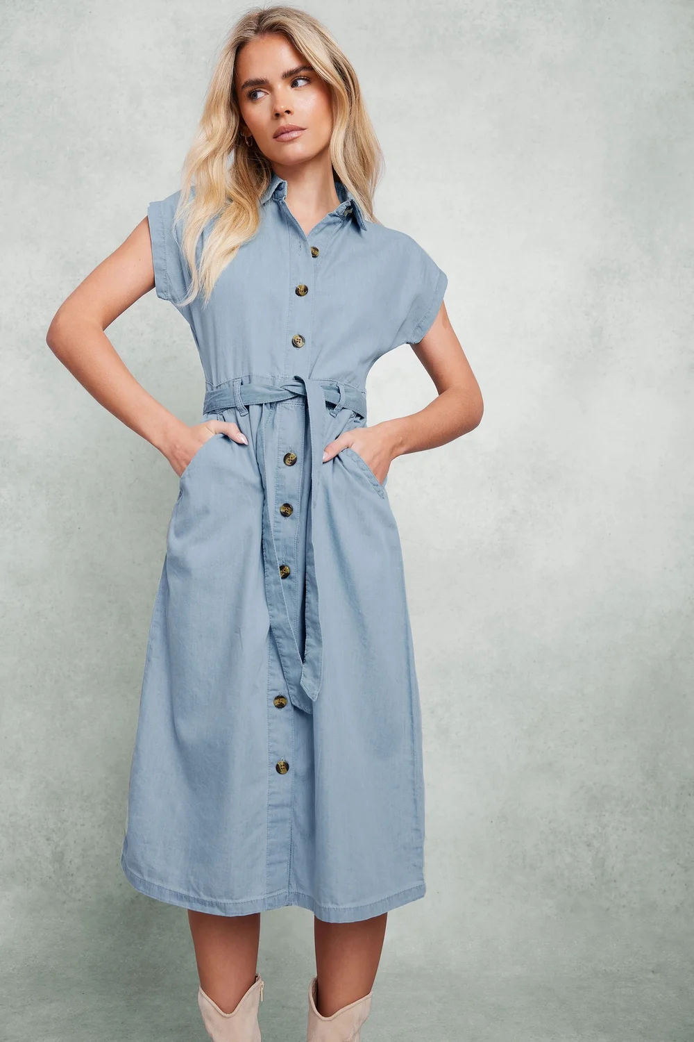 M&Co Petite Light Blue Denim Shirt Dress - 8 Image 1