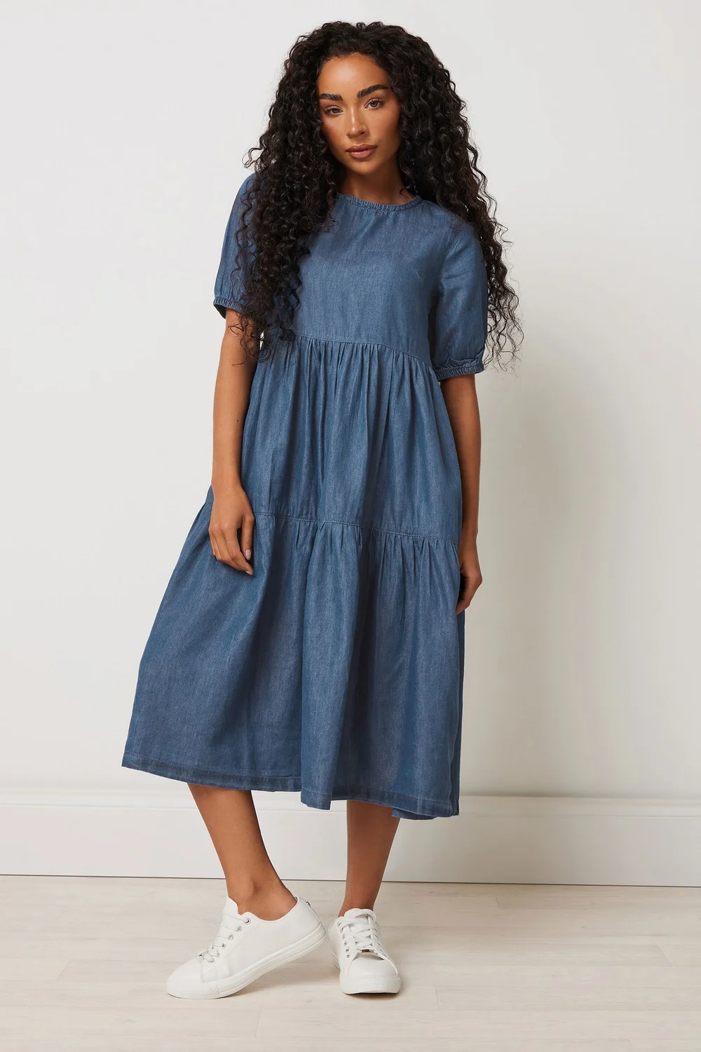 M&Co Petite Blue Denim Tiered Dress - 10 Image 1