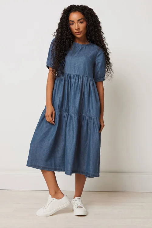 M&Co Petite Blue Denim Tiered Dress - 10 Image 1