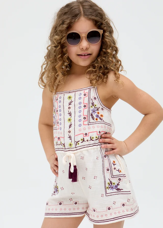 Raffya Kids White Sailor Necktie All Over Embroidered Playsuit (3-9 Years)