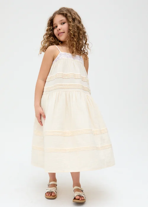 Raffya Kids Ecru Swish Pin Tuck Embroidered Dress (3-9 Years) - 6 Yrs Image 4