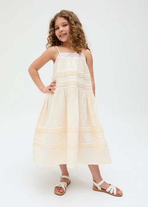 Raffya Kids Ecru Swish Pin Tuck Embroidered Dress (3-9 Years) - 6 Yrs Image 3