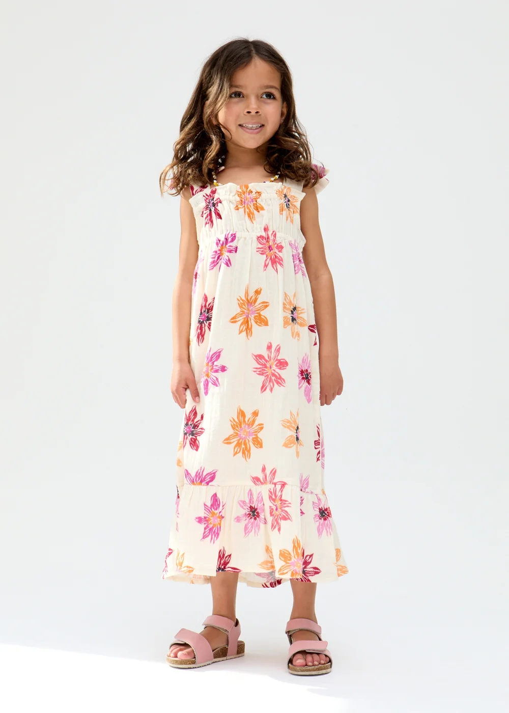 Raffya Kids Ecru Flora Gathered Hand Drawn Floral Print Dress (3-9 Years) - 7 Yrs Image 1