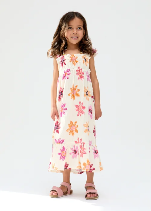 Raffya Kids Ecru Flora Gathered Hand Drawn Floral Print Dress (3-9 Years) - 7 Yrs Image 1