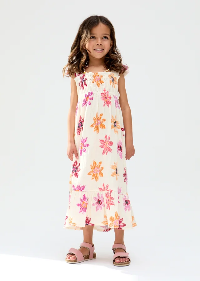 Raffya Kids Ecru Flora Gathered Hand Drawn Floral Print Dress (3-9 Years)