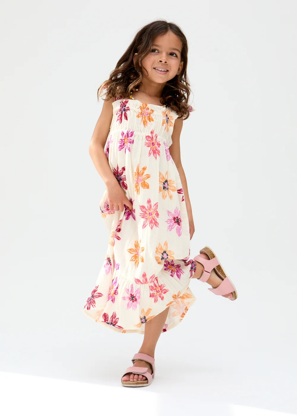 Raffya Kids Ecru Flora Gathered Hand Drawn Floral Print Dress (3-9 Years) - 7 Yrs Image 2