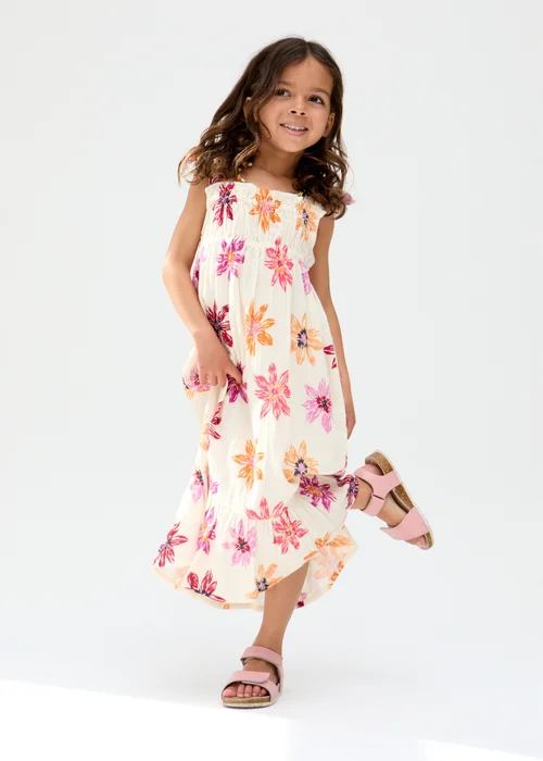 Raffya Kids Ecru Flora Gathered Hand Drawn Floral Print Dress (3-9 Years) - 7 Yrs Image 2