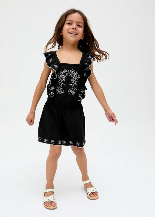 Raffya Kids Black Philo Ruffle Neck Embroidered Playsuit (3-9 Years) - Age 5 Years Image 1