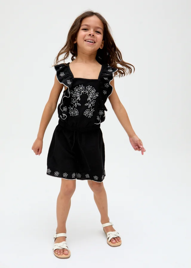 Raffya Kids Black Philo Ruffle Neck Embroidered Playsuit (3-9 Years)