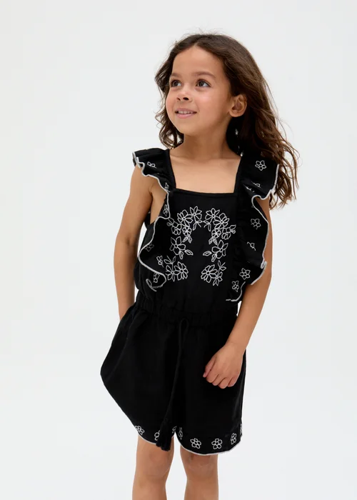 Raffya Kids Black Philo Ruffle Neck Embroidered Playsuit (3-9 Years) - Age 5 Years Image 3