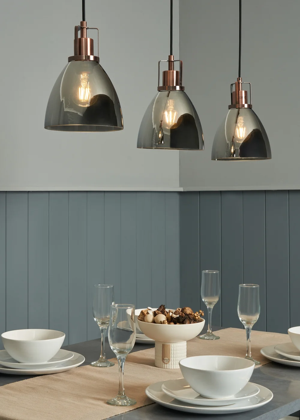 INLIGHT DECLYN Glass 3 Light Diner Pendant Copper & Smoke (40-110cm x 90cm) - ONZ Image 1