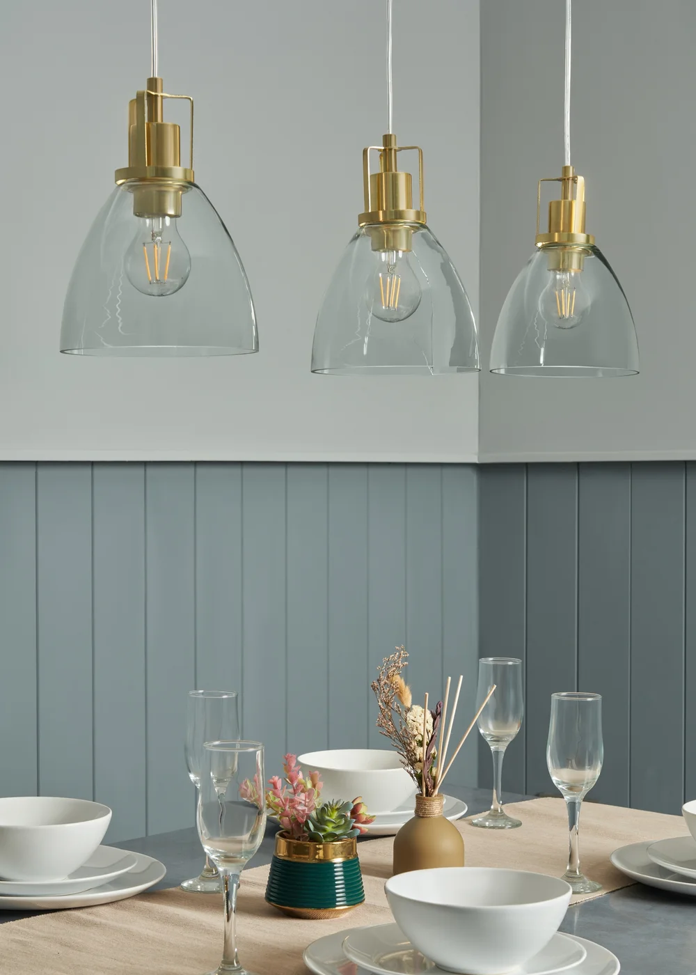 INLIGHT BRECKEN Glass 3 Light Diner Pendant Brass (40-110cm x 90cm) - ONZ Image 2