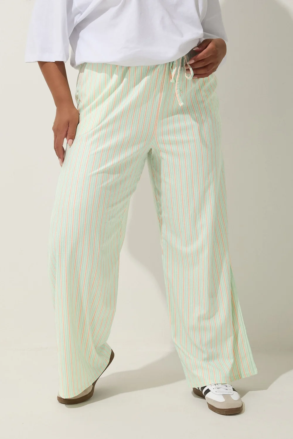 Yours Limited Collection Curve Mint Green & Pink Stripe Wide Leg Trousers - 16 Image 2