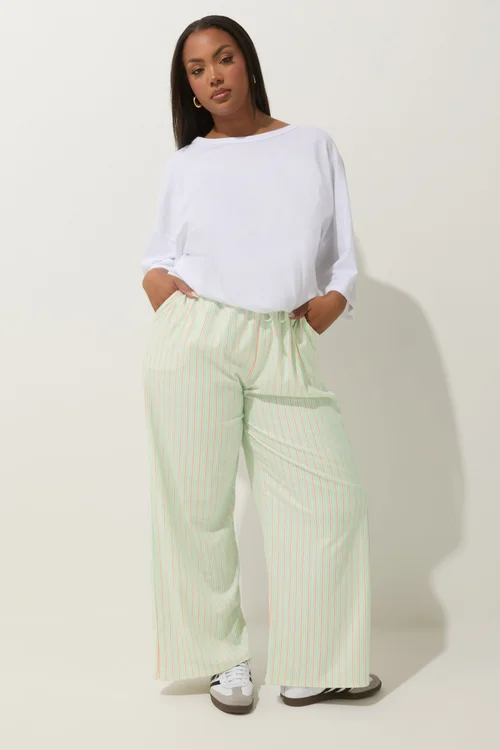 Yours Limited Collection Curve Mint Green & Pink Stripe Wide Leg Trousers - 16 Image 1