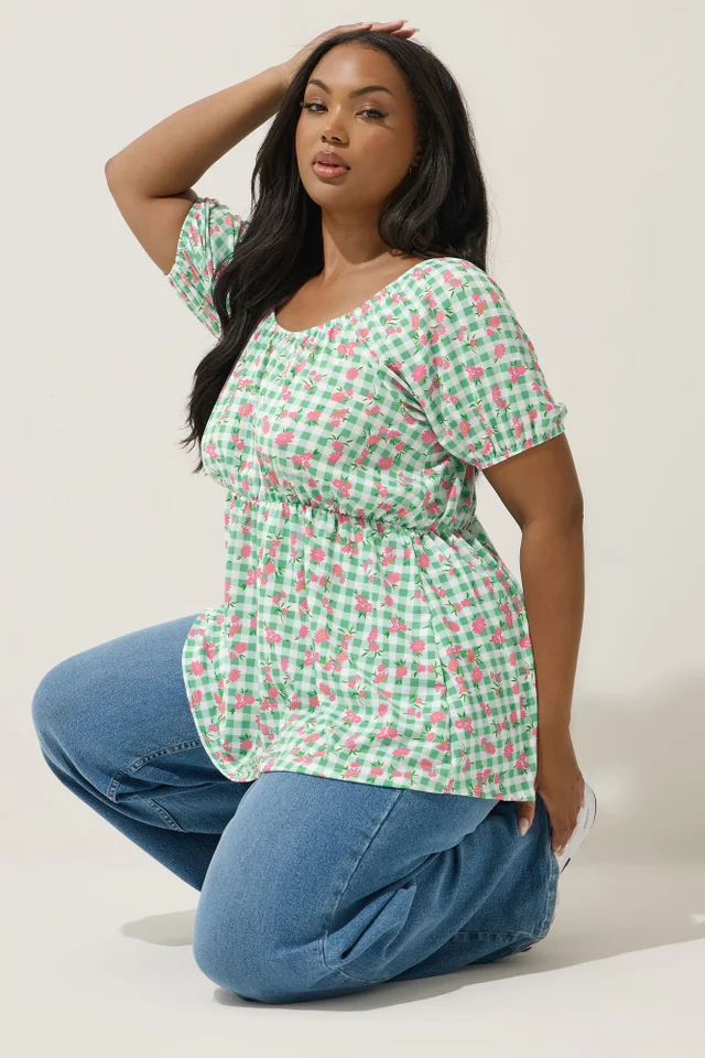 Yours Limited Collection Curve Green Floral Gingham Bardot Top