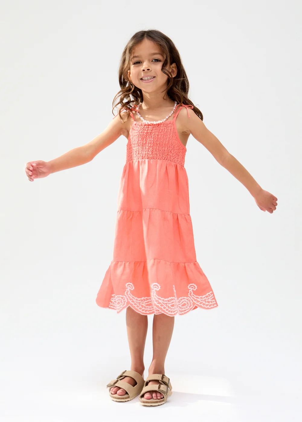 Raffya Kids Pink Emma Shirred Bodice Scalloped Embroidered Dress (3-9 Years) - 6 Yrs Image 1
