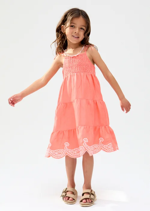 Raffya Kids Pink Emma Shirred Bodice Scalloped Embroidered Dress (3-9 Years) - 6 Yrs Image 2