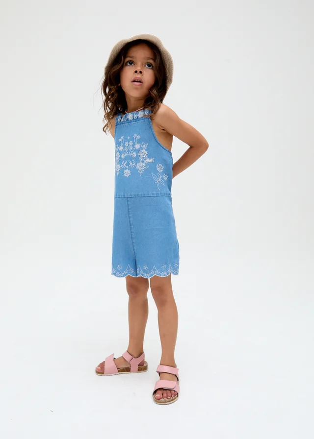 Raffya Kids Blue Rachel Scalloped Hem Embroidered Playsuit (3-9 Years)