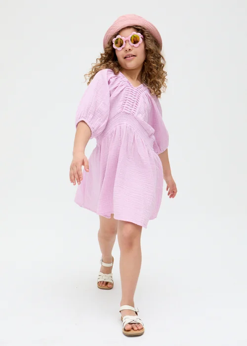 Raffya Kids Purple Soipoi Ruched V-neck Dress (3-9 Years) - 7 Yrs Image 1