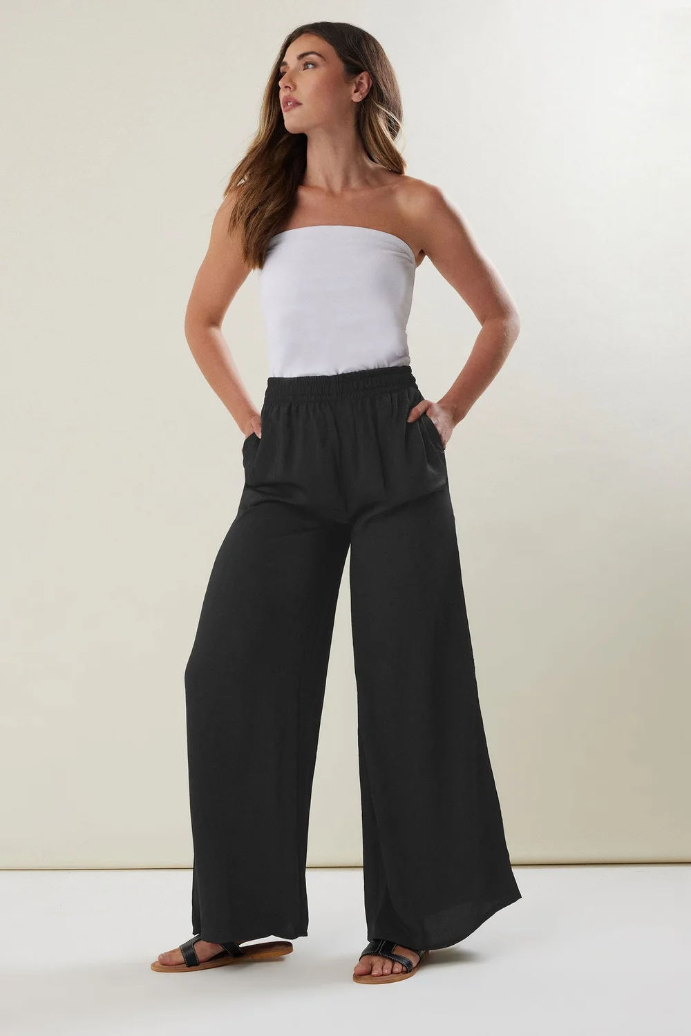 Long Tall Sally Black Matt Satin Wide Leg Trousers - Size 20, Leg 36 Image 2