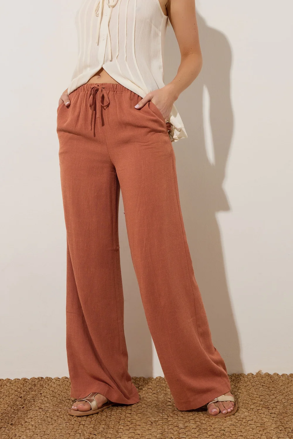 Long Tall Sally Rust Orange Linen Tie Waist Trousers - Size 20, Leg 34 Image 2