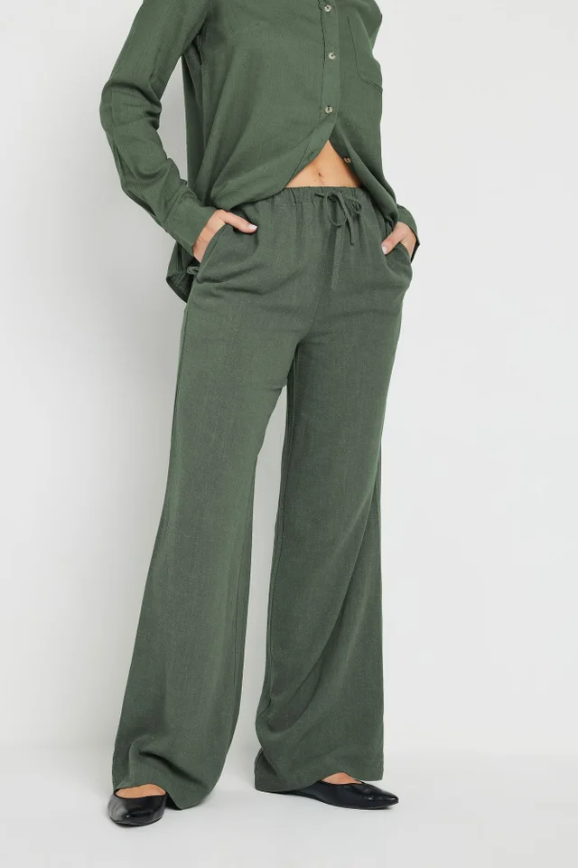Long Tall Sally Khaki Green Linen Tie Waist Trousers