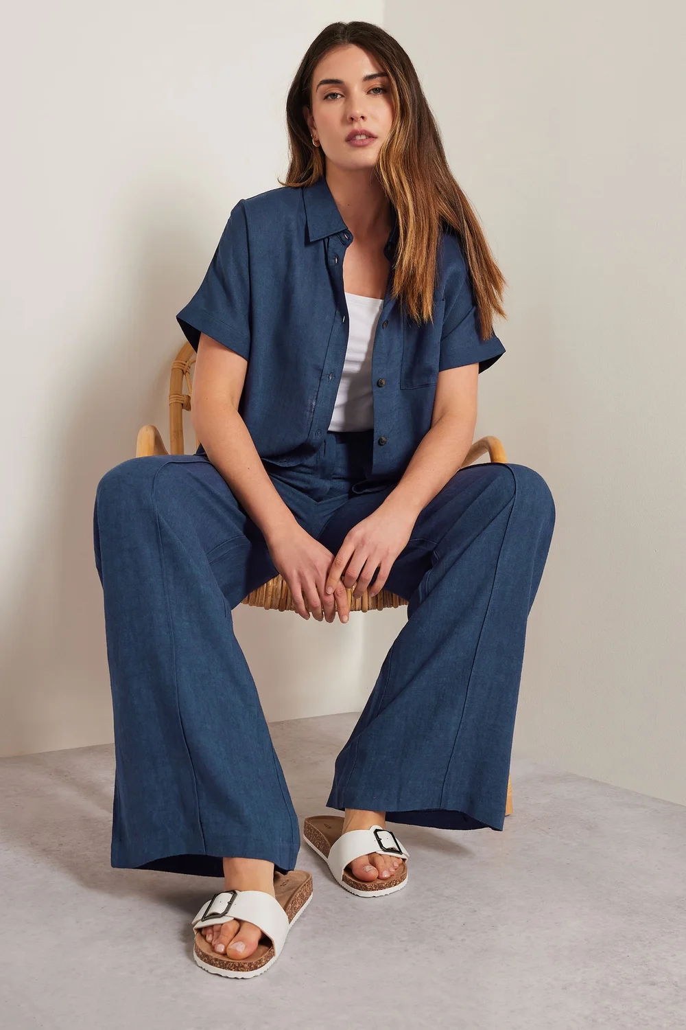 Long Tall Sally Navy Blue Linen Pleated Wide Leg Trousers - Size 12, Leg 34 Image 2