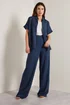Long Tall Sally Navy Blue Linen Pleated Wide Leg Trousers - Size 12, Leg 34 Image 3