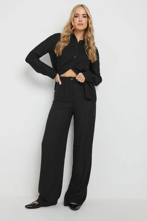 Long Tall Sally Black Linen Pleated Wide Leg Trousers - Size 14, Leg 36 Image 1