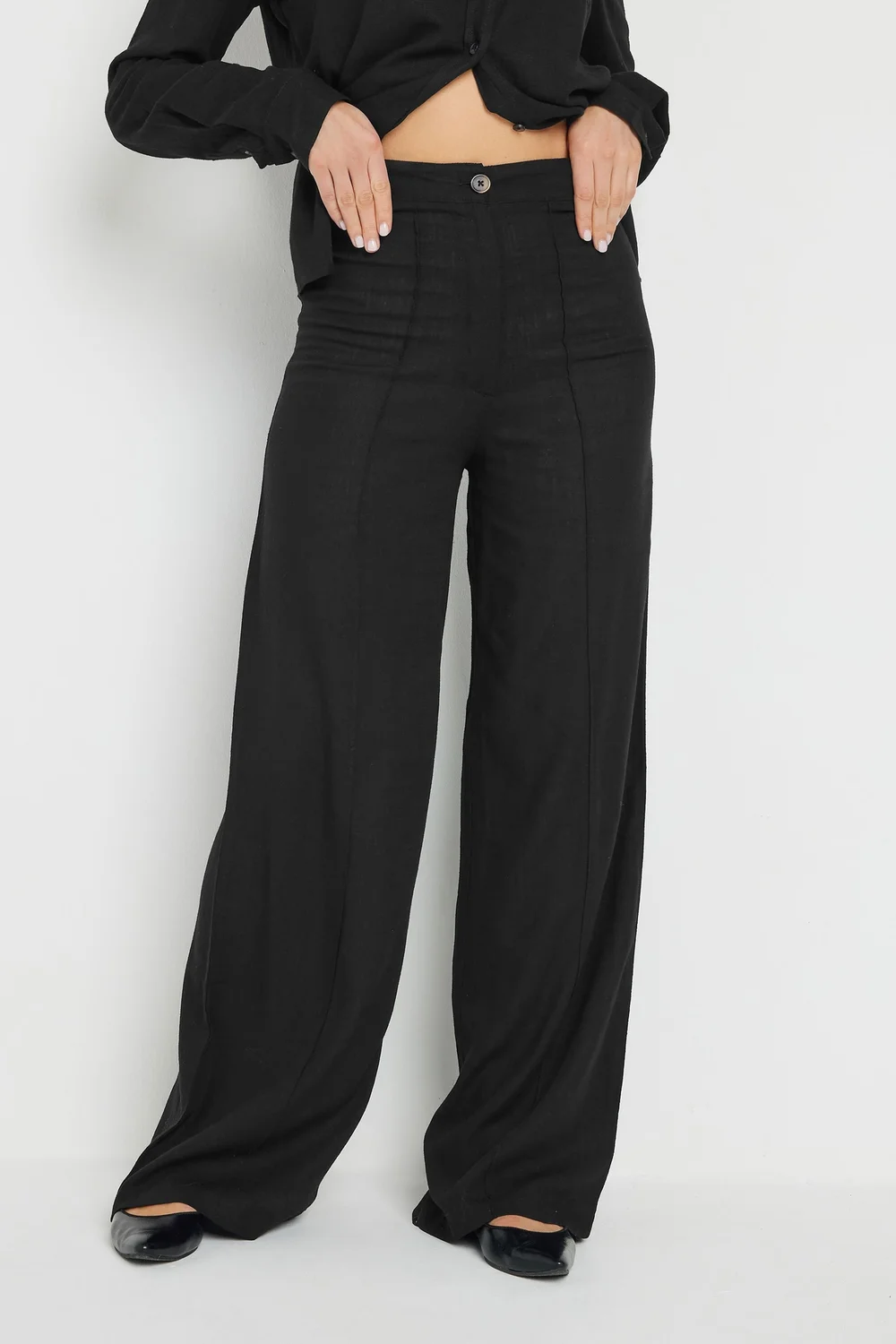 Long Tall Sally Black Linen Pleated Wide Leg Trousers - Size 14, Leg 36 Image 2