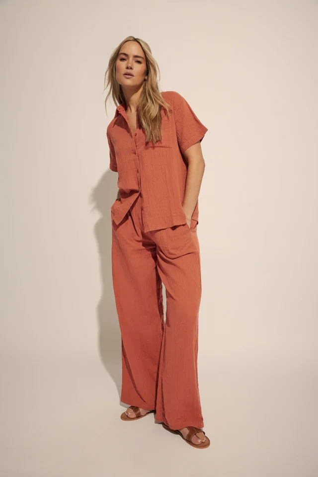 Long Tall Sally Rust Orange Cotton Cheescloth Wide Leg Trousers