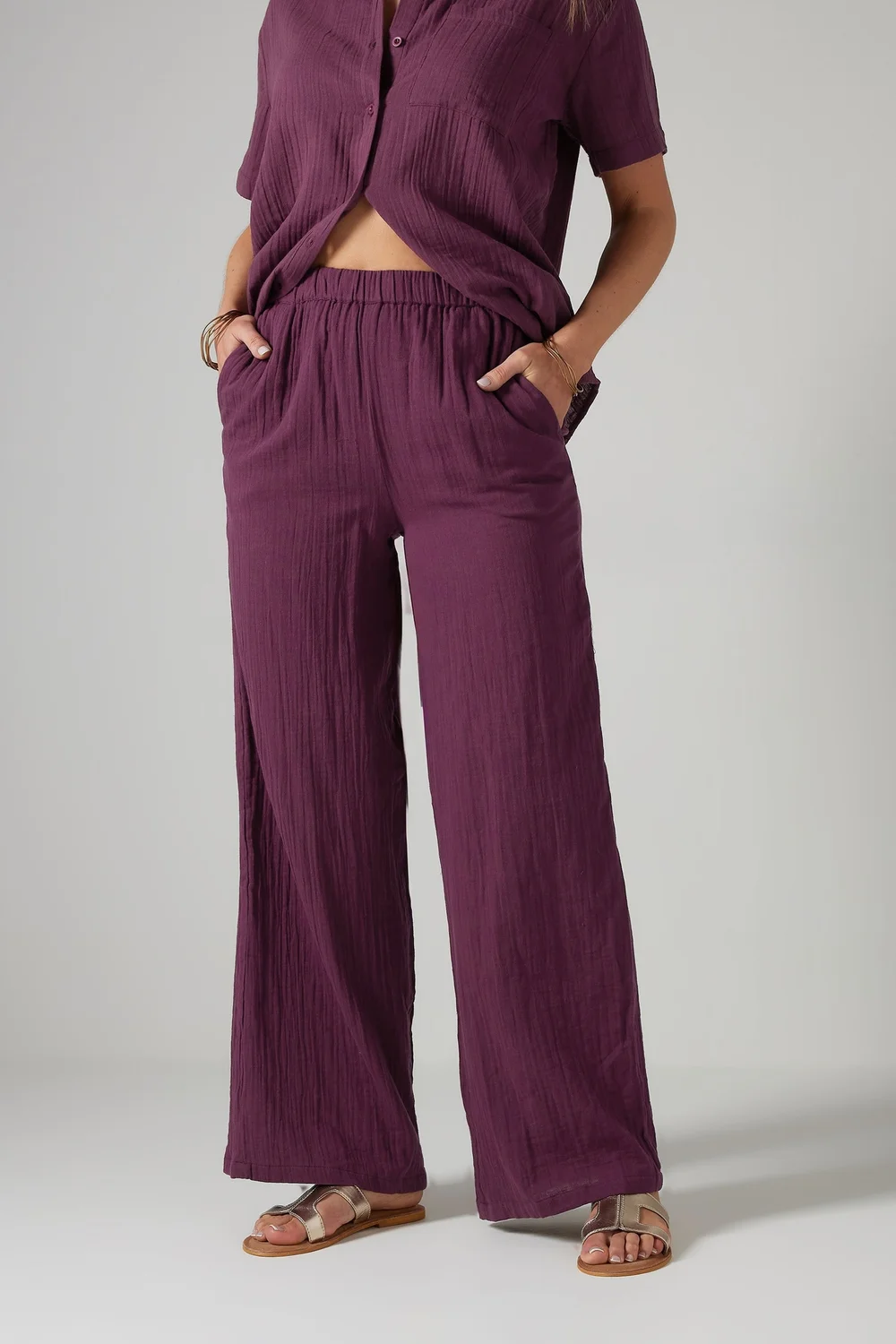 Long Tall Sally Dark Red Cotton Cheescloth Wide Leg Trousers - 12/L34 Image 2