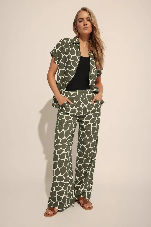 Long Tall Sally Khaki Green Giraffe Print Wide Leg Trousers