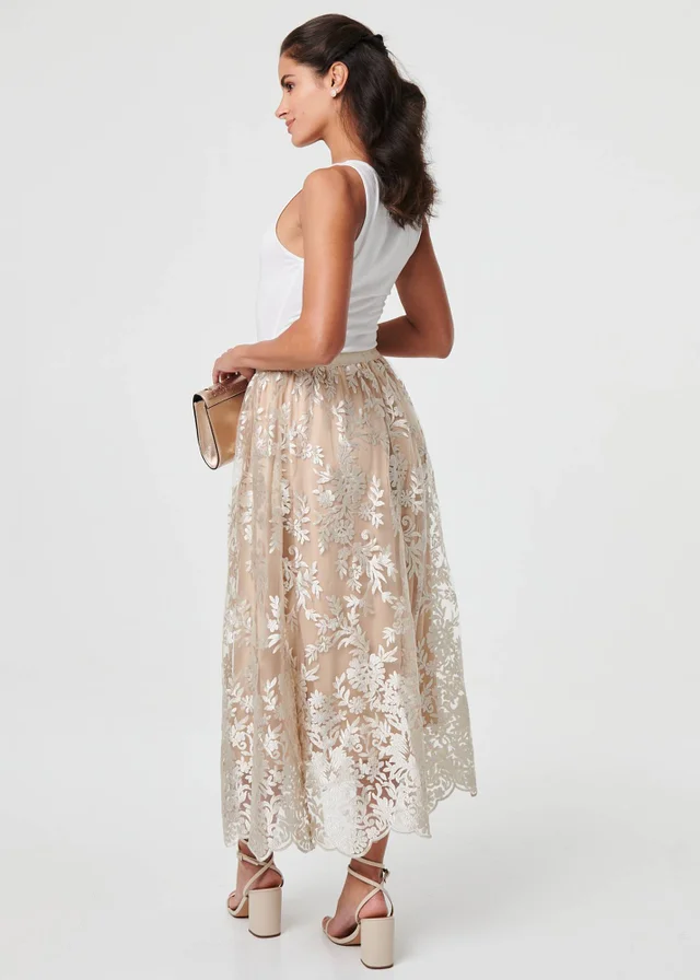 Izabel London Cream Floral Embellished High Waist Midi Skirt