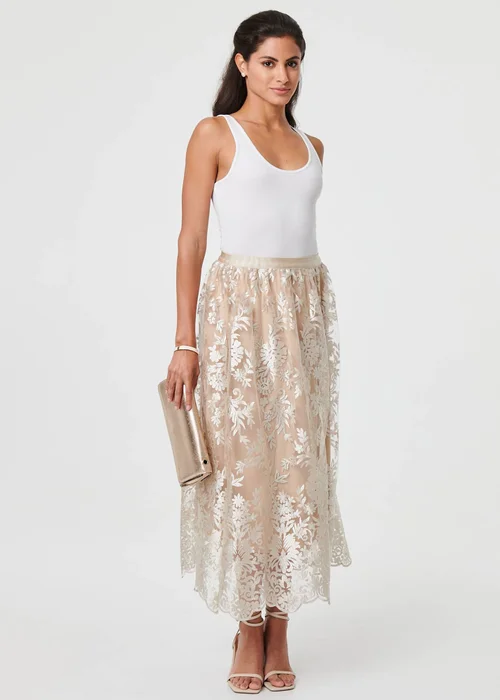 Izabel London Cream Floral Embellished High Waist Midi Skirt - 10 Image 1