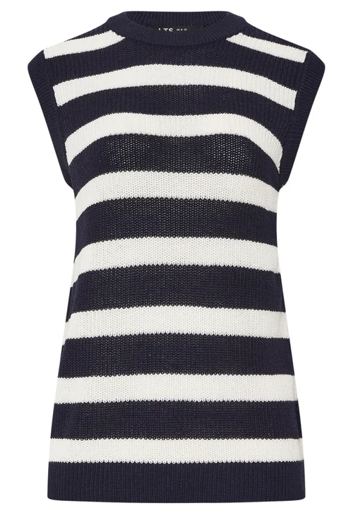 Long Tall Sally Navy Blue Knitted Stripe Sleeveless Jumper - Size 8-10 Image 5