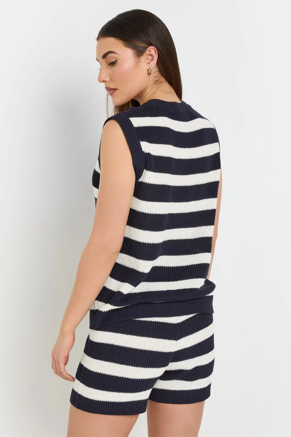 Long Tall Sally Navy Blue Knitted Stripe Sleeveless Jumper - Size 8-10 Image 3