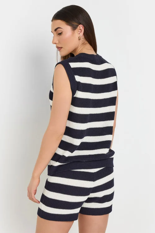 Long Tall Sally Navy Blue Knitted Stripe Sleeveless Jumper - Size 8-10 Image 3