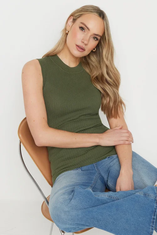 Long Tall Sally Khaki Green Knitted Ribbed Vest Top - Size 10-12 Image 1